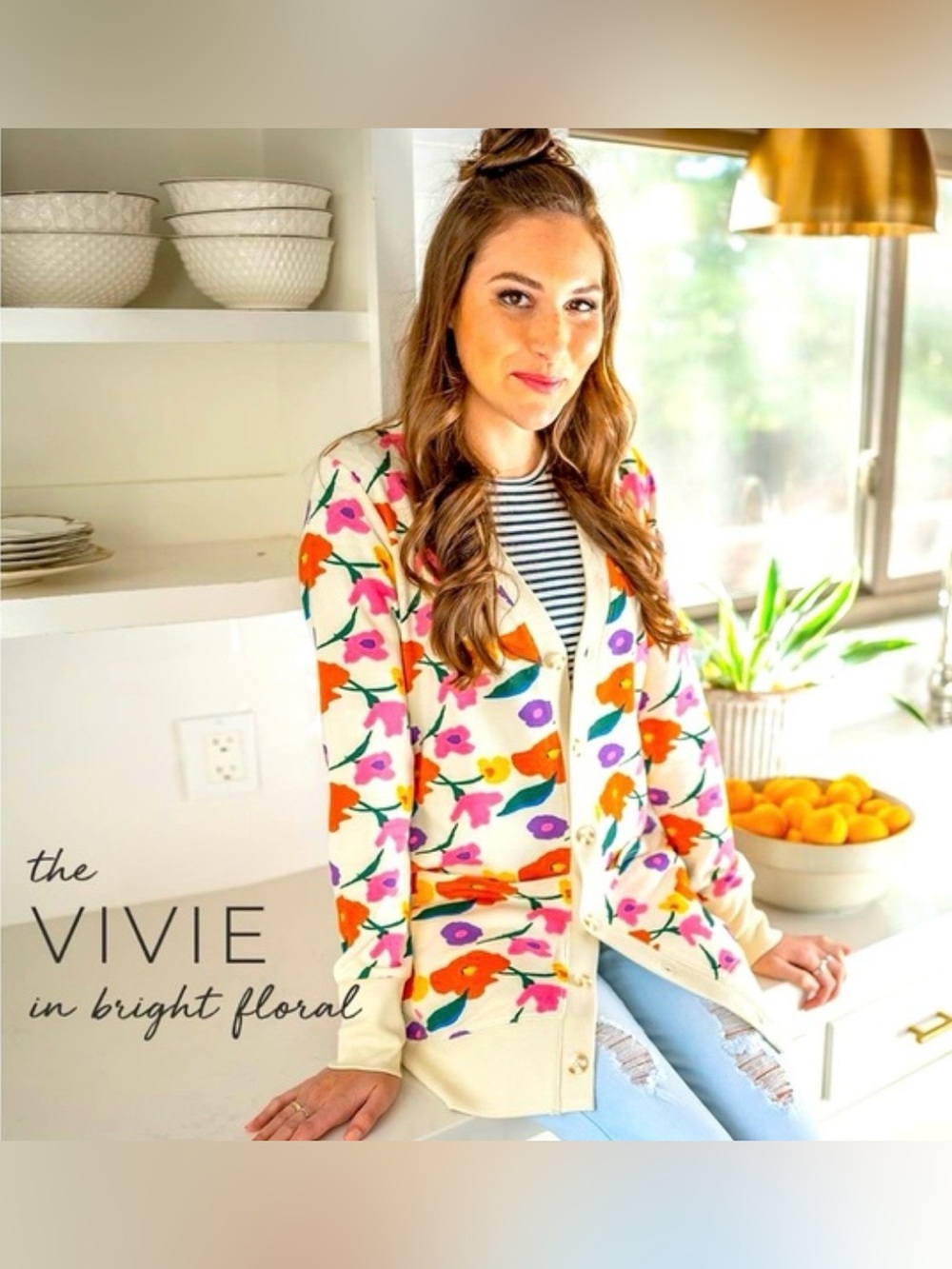 Evy's Tree “Vivie" Longline Button-up Cardigan in Bright Floral Soft Stretch Lg